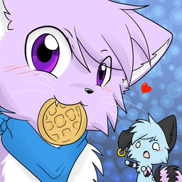 :3 ambiguous_gender anthro blue_body blue_fur blush blush_lines cheek_tuft chest_tuft chibi duo ear_piercing ear_ring eating eating_food facial_tuft fangs floppy_ears fluffy fluffy_tail food fur head_tuft heart_symbol kemono kerchief markings piercing pointy_ears prick_ears purple_body purple_eyes purple_fur ring_piercing striped_markings striped_tail stripes tail tail_markings teeth tuft waffle caramelcat123 kiya_lina souzen_(caramelcat123) domestic_cat felid feline felis mammal 1:1 2013