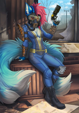 5_fingers anthro blue_body blue_fur breasts cleavage clothed clothing curved_horn day detailed_background female fingers fur gun hair holding_gun holding_object holding_ranged_weapon holding_weapon horn inside mask multi_tail pink_hair ranged_weapon sky solo tail vault_suit weapon sorafoxyteils fallout microsoft sora_(sorafoxyteils) canid canine demon fox mammal 2017 digital_media_(artwork) hi_res