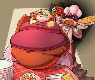 ambiguous_gender anthro belly belly_expansion belly_inflation belly_play big_belly big_breasts big_butt bloated breasts butt clothing duo evil_grin expansion feederism feeding female food food_fetish huge_belly inflation male male/female navel overweight overweight_anthro smile stuffing text weight_gain phantomdgen lagomorph leporid mammal rabbit colored digital_drawing_(artwork) digital_media_(artwork) hi_res