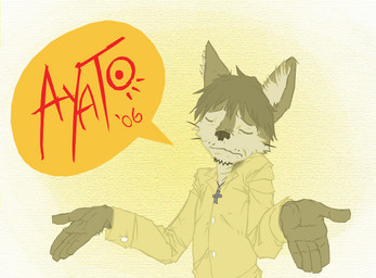 5_fingers anthro clothed clothing cross cross_necklace eyes_closed fingers gesture gradient_background hair humanoid_hands inner_ear_fluff jewelry male necklace shirt short_hair shrug simple_background solo speech_bubble text topwear tuft ayato domestic_cat felid feline felis mammal 2006 character_badge_(artwork) half-length_portrait portrait