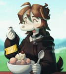 5_fingers anthro black_clothing black_hoodie black_topwear blep blush blush_lines bowl brown_hair closed_smile clothed clothed_anthro clothed_female clothing collar container cutlery day dessert eyelashes eyes_closed female finger_heart fingers food fur furniture good_girl hair happy hoodie ice_cream kitchen_utensils korean_heart leash leashed_collar mouth_closed outside smile solo spoon table tail tail_motion tailwag tan_body tan_fur text tongue tongue_out tools topwear salamanding joan_(salamanding) canid canine canis domestic_dog mammal 2024 animated artist_name digital_drawing_(artwork) digital_media_(artwork) english_description english_text loop short_playtime watermark
