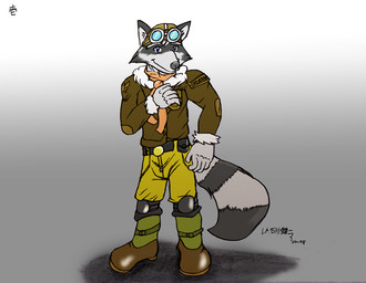 anthro black_kneepads boots bottomwear brown_boots brown_clothing brown_footwear brown_jacket brown_topwear clothing eyewear eyewear_on_head flight_jacket footwear goggles goggles_on_head jacket knee_pads male orange_scarf pants scarf shoes solo topwear yellow_bottomwear yellow_clothing yellow_pants saberkenji fokker_(raccoon) mammal procyonid raccoon