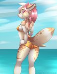 5_fingers anthro bikini clothing day detailed_background female fingers hair multicolored_hair nature nature_background outside pink_eyes pink_hair sky smile solo swimwear two-piece_swimsuit white_hair piranha_fish reign_(scfiii) canid canine canis domestic_dog mammal 2020 colored digital_drawing_(artwork) digital_media_(artwork) hi_res shaded