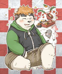 anthro black_nose bottomwear clothing duo eyes_closed food holidays hoodie kemono male overweight overweight_male shorts sitting topwear roostax_wilddog new_year bear bovid caprine mammal sheep 2015