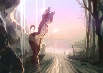 anthro bathing bell bell_collar bent_over breasts collar female fur hair looking_at_viewer nipples nude plant river solo sun tree water wet wide_eyed fruitbloodmilkshake asinus donkey equid equine mammal 2016