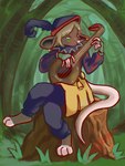 anthro bard blonde_hair clothing gloves grass hair handwear hat hat_feather headgear headwear jester_outfit loose_feather lute musical_instrument nature nature_background plant playing_lute playing_music plucked_string_instrument rat_tail sitting_on_stump solo string_instrument tail pppanth small_saga fan_character max_the_bard mammal murid murine rat rodent 3:4 full-length_portrait hi_res portrait