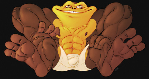 3_fingers anthro belly big_feet boxers_(clothing) brown_body brown_skin clothing feet fingers long_feet male muscular muscular_arms muscular_legs muscular_male pecs simple_background sitting sitting_on_ground small_nose smile soles solo spread_legs spreading teeth underwear wide_mouth yellow_belly ravuer battletoads rareware pimple_(battletoads) amphibian frog toad_(frog) absurd_res hi_res