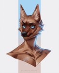 ambiguous_gender anthro black_nose blue_eyes blue_sclera brown_body brown_fur cheek_tuft chest_tuft facial_tuft fur inner_ear_fluff mouth_closed simple_background solo tan_inner_ear_fluff tuft marie_merkh canid mammal absurd_res artist_name bust_portrait hi_res portrait