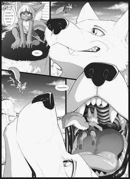 5_fingers anthro bare_chest bodily_fluids bottomwear cheeky claws clothing cloud dialogue duo ears_up eyebrows facial_markings fangs female feral fingers flat_chested fluffy fluffy_tail grin head_markings imminent_vore larger_male looking_down looking_up macro male markings mouth_closed open_mouth raised_eyebrow ring saliva saliva_on_tongue sharp_teeth shorts size_difference smaller_female smile tail teeth text tongue tossing s2-freak calie_(s2-freak) schwarzpelz canid canine canis fennec_fox fox hybrid mammal true_fox wolf comic english_text hi_res monochrome