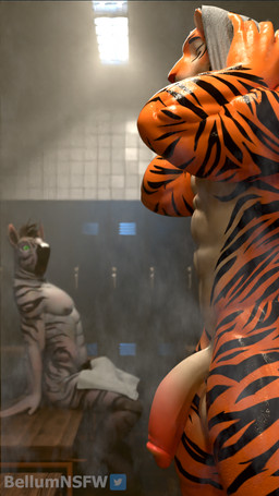 anthro balls big_penis biped bodily_fluids bulge detailed_bulge duo erection erection_under_towel genital_outline genitals glans half-erect humanoid_genitalia humanoid_penis locker_bench locker_room male male/male male_anthro muscular muscular_anthro muscular_male nipples nude penis penis_envy penis_outline steam stripes surprised sweat towel towel_around_waist towel_only vein veiny_penis bellumnsfw leodamodeler_(modeler) sladdoska_(modeler) dallas_(leodamodeler) zahr_(sladdoska) equid equine felid mammal pantherine tiger zebra 3d_(artwork) 9:16 digital_media_(artwork) hi_res