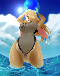 anthro ball beach_ball breast_tattoo breasts butt butt_from_the_front clothing cloud curvy_figure day ears_down female green_eyes hair hourglass_figure inflatable long_ears long_hair pivoted_ears sky small_waist solo sun swimwear tattoo translucent translucent_clothing wide_hips f-ss lagomorph leporid mammal rabbit hi_res
