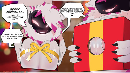 anthro areola big_breasts blurred_background bow_ribbon box breast_squeeze breasts claws container female fluffy fluffy_tail fur gift_box glowing glowing_eyes holidays looking_at_viewer machine markings offering_to_viewer pink_body pink_fur seductive smile squeezing tail talking_to_viewer text visor white_body white_fur jadenarts christmas jaden_(jadenarts) protogen 16:9 2024 4k absurd_res hi_res url widescreen