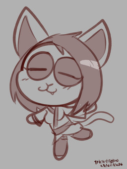 anthro asian_clothing blush chibi clothing cute_fangs east_asian_clothing eyes_closed fangs female front_view hair japanese_clothing kimono legwear on_one_leg silly smile solo standing stockings teeth toeless_legwear felino christie_(felino) domestic_cat felid feline felis mammal 2026 restricted_palette sketch