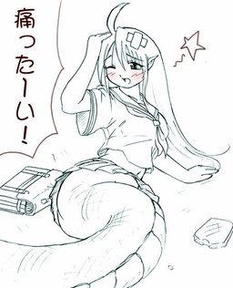 apode bandage blush bottomwear bread clothing female food hair hand_on_head humanoid_pointy_ears legless long_hair midriff one_eye_closed pointy_ears school_uniform serpentine shirt skirt solo split_form star text toast topwear uniform wink unknown_artist draconcopode humanoid lamia reptile scalie snake japanese_text translated