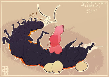 ambiguous_fluids antennae_(anatomy) blush blush_lines bodily_fluids carapace egg eyeless feral fluffy genital_fluids heart_symbol inviting_viewer long_body lying multi_leg multi_limb on_back ovipositor ovipositor_penis question_mark requesting sex_request simple_background solo spread_legs spreading namaport rain_world videocult arthropod centipede centipede_(rain_world) myriapod absurd_res hi_res
