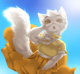 anthro breasts clothed clothing day eyebrows female fluffy fluffy_tail fur hair outside pink_nose sky solo sun tail whiskers white_body white_fur white_hair yellow_eyes kero_tzuki domestic_cat felid feline felis mammal 2015 hi_res