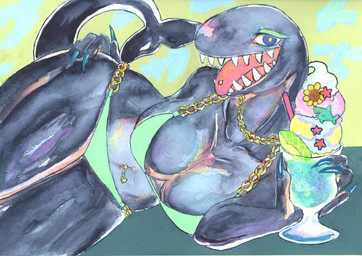 anthro beverage big_breasts bikini black_body blue_eyes breasts chain cleavage clothed clothing female food jewelry looking_at_viewer lying makeup nails navel navel_piercing on_side open_mouth piercing sharp_teeth smile solo swimwear tail teeth thick_thighs tongue tongue_out tongue_piercing two-piece_swimsuit wide_hips kyokyota aquatic cetacean dolphin false_killer_whale mammal oceanic_dolphin orca toothed_whale 2022 hi_res traditional_media_(artwork)