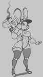 anthro armor breasts clothing cosplay female frown gun hat headgear headwear helmet long_ears navel ranged_weapon simple_background smoke solo thick_thighs tight_clothing weapon wide_hips conditional_dnp daserfomalhaut disney mighty_switch_force! wayforward zootopia judy_hopps lagomorph leporid mammal rabbit greyscale monochrome