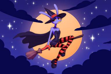 black_eyes broom broom_riding bunny_costume cape cleaning_tool clothed clothing cloud costume crossdressing crossdressing_male flying footwear fur halloween_costume hat headgear headwear holidays legwear long_ears looking_at_viewer male moon night pattern_clothing pattern_legwear pattern_stockings purple_body purple_fur shoes sky skyscape solo star stockings striped_clothing striped_legwear striped_stockings stripes tail teeth witch_costume witch_hat yellow_sclera yellow_teeth gooseworx glitch_productions halloween the_amazing_digital_circus jax_(tadc) lagomorph leporid mammal rabbit 2025 hi_res official_art widescreen