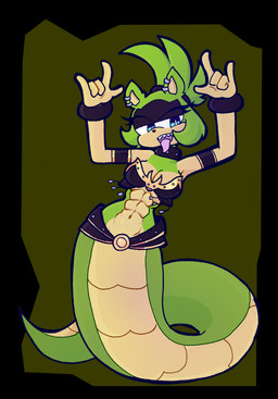 abs anthro apode black_background black_body black_clothing black_fur black_topwear blue_eyes bracelet breasts cleavage clothed clothing collar ear_piercing eyelashes female fur gesture green_background green_body green_fur green_scales jewelry legless navel open_mouth piercing scales serpentine sharp_teeth simple_background solo split_form studded_collar studs tan_body tan_fur tan_scales teeth tongue tongue_out topwear wide_hips rakuma-imp idw_publishing sega sonic_the_hedgehog_(comics) sonic_the_hedgehog_(idw) sonic_the_hedgehog_(series) surge_the_tenrec afrosoricid draconcopode hybrid lamia mammal reptile scalie snake tenrec 2024 hi_res