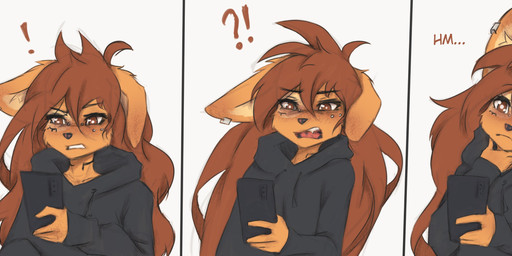 4_panel_comic anthro anthro_focus breasts cellphone clothed clothing dialogue disembodied_hand duo electronics ellipsis exclamation_point female female_anthro female_focus floppy_ears fur hair holding_object holding_phone hoodie interrobang long_hair open_mouth phone piercing question_mark small_breasts smartphone solo_focus tattoo teeth text tongue topwear tinygaypirate apogee_(tinygaypirate) canid canine canis domestic_dog mammal spitz 2023 absurd_res comic digital_media_(artwork) english_text hi_res multiple_images reaction_image