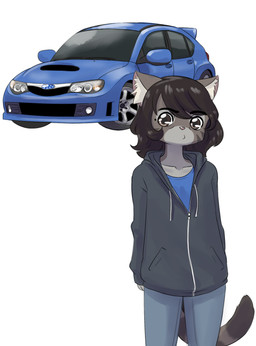 anthro black_clothing black_hair black_hoodie black_topwear blue_bottomwear blue_clothing blue_pants blue_shirt blue_topwear bottomwear brown_eyes car clothing front_view fur grey_body grey_fur hair hoodie inner_ear_fluff looking_at_viewer male markings mole_(marking) pants pink_inner_ear pink_nose pupils shirt simple_background solo standing topwear tuft vehicle white_background white_inner_ear_fluff mr-shin subaru subaru_wrx_sti cat_sona_(mr-shin) domestic_cat felid feline felis mammal 2025 hi_res