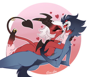 anthro arm_around_partner beak big_breasts blush bodily_fluids breast_size_difference breast_squish breasts choker crossgender duo eyes_closed feathers female female/female grey_body grey_feathers hair hand_around_neck hand_on_face hooves horn horn_jewelry humanoid_on_anthro jewelry kissing mtf_crossgender multi_eye necklace nude raised_leg raised_tail red_body red_eyes red_skin skinny small_breasts smile spade_tail squish sweat tail white_hair wings goolee hellaverse helluva_boss elz_(elzzombie) stolas_(helluva_boss) avian bird demon humanoid imp owl owl_demon