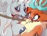 alolan_form alolan_ninetales anthro antlers areola bell big_breasts blue_antlers blue_areola blue_eyes blue_nipples blush bodily_fluids breasts breasts_squish brown_body brown_fur canid collar collar_only cropped crossover deer digital_drawing_(artwork) digital_media_(artwork) duo eyelashes eyelids eyeshadow female female/female fur generation_1_pokemon generation_7_pokemon goolee horn interspecies jingle_bell makeup mammal muzzle_(object) muzzled narrowed_eyes new_world_deer ninetales nintendo nipples nude open_mouth pokemon pokemon_(species) regional_form_(pokemon) reindeer sweat sweatdrop them's_fightin'_herds velvet_reindeer_(tfh) white_body white_fur