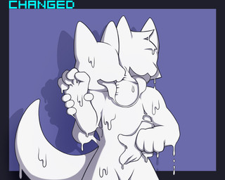 2_heads after_transformation ambiguous_gender anthro black_border blue_background border duo eyeless faceless faceless_character faceless_male featureless_crotch goo_transformation latex male multi_head null open_mouth simple_background tongue tongue_out transformation white_body bulletproof-kitty changed_(video_game) lin canid canine goo_creature mammal