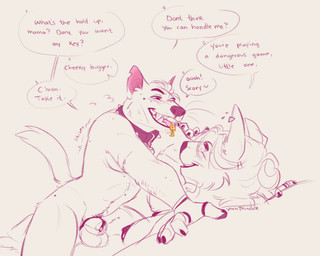 animal_genitalia anthro balls breasts chastity_cage chastity_device collar dialogue duo eye_contact female genitals hair humanoid_hands key_in_mouth looking_at_another male male/female navel notched_ear nude nude_anthro nude_female nude_male pink_inner_ear pink_tongue sheath sheath_chastity_cage smile smiling_at_another smiling_at_partner speech_bubble spiked_collar spikes tail talking_to_another talking_to_partner text tied_hair tongue wearing_chastity_cage wearing_chastity_device wearing_collar vannthunder riley_(vannthunder) tori_(toroid) canid canine canis dasyurid dasyuromorph domestic_dog mammal marsupial molosser mountain_dog newfoundland_dog tasmanian_devil 2026 english_description english_text hi_res trans_(lore) trans_man_(lore)