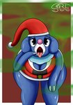 anthro blue_body bodily_fluids bubble christmas christmas_clothing christmas_headwear clothing fart fart_cloud fart_fetish female fizzy_pop_the_popplio floppy_ears gassy gassybigears69 generation_7_pokemon genital_fluids hat headgear headwear hi_res holidays looking_at_viewer looking_back nintendo open_mouth oral_invitation pokemon pokemon_(species) pokemorph popplio presenting_mouth santa_hat smelly solo text thick_thighs throat uvula