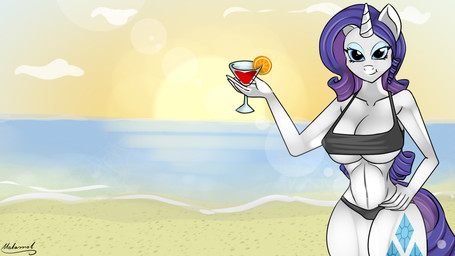 alcohol anthro anthrofied beach beverage big_breasts blue_eyes breasts cleavage clothed clothing cutie_mark female hair holding_glass holding_object horn looking_at_viewer outside purple_hair seaside skimpy solo sunset swimwear white_body wide_hips malamol friendship_is_magic hasbro my_little_pony mythology rarity_(mlp) equid equine mammal mythological_creature mythological_equine unicorn 16:9 hi_res widescreen