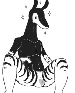 anthro clothing heart_symbol male navel panties simple_background solo underwear white_background replytoanons_(character) giraffid mammal okapi monochrome