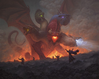 5_heads ambiguous_gender breath_powers cape clothing feral fire glowing glowing_eyes group holding_object holding_staff horn macro membrane_(anatomy) membranous_wings multi_head open_mouth scales smoke spread_wings staff tail wings chris_rahn hasbro magic:_the_gathering mythology wizards_of_the_coast tiamat_(dnd) dragon human mammal mythological_creature mythological_scalie scalie 2020 hi_res official_art