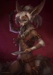 anthro belt big_ears blue_eyes brown_body brown_fur clothed clothing female fingers fur hair holding_object holding_weapon inner_ear_fluff light midriff red_background simple_background skimpy solo tuft weapon white_hair saterina melody_(aseethe) canid canine fennec_fox fox mammal true_fox 2021 hi_res lighting portrait shaded three-quarter_portrait