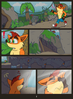 anthro blinded blue_sky cave cavern clothing cloud comic_panel exclamation_point footwear forest fur gloves grass hand_on_eye handwear hanged jumping jungle leaf light light_beam male minerals mohawk mold_(fungus) moss musical_symbol nature nature_background nipples orange_body orange_fur palm_tree plant rock running shoes short sky skyscape sneakers solo sunbeam sunlight surprised symbol tree vines walking waterfall whistling g_bunn activision crash_bandicoot_(series) bandicoot mammal marsupial absurd_res comic hi_res
