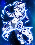 abs anthro blue_eyes cosmic_background electricity fantasy fist floating fur lightning machine male protogen_armor protogen_visor solo space space_background starry_background transformation white_body white_fur dreiden samsara dreiden_dorian protogen absurd_res full-length_portrait hi_res portrait