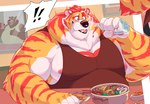 anthro beverage biceps black_clothing black_shirt black_tank_top black_topwear bottle brown_eyes chest_markings chopsticks clothing comic_panel confusion container crushing_object deltoids eating exclamation_point food fur furniture hair male markings multicolored_body multicolored_fur nipples noodles orange_body orange_fur overweight overweight_anthro overweight_male pawpads pecs red_hair red_markings red_stripes restaurant shirt sitting solo speech_bubble striped_body striped_fur stripes table tank_top topwear udon white_body white_fur soul_nero tora_(soul_nero) bear felid hybrid mammal pantherine tiger ursine 2023 artist_name hi_res watermark