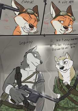 anthro brown_eyes clothing dialogue ears_back ears_up eye_scar eyewear eyewear_on_head facial_scar goggles goggles_on_head group holding_object holding_weapon knife low-angle_view male military_uniform pivoted_ears scar scared text uniform weapon wounded wolfyalex96 alaskan_malamute canid canine canis domestic_dog fox husky mammal nordic_sled_dog spitz comic hi_res spanish_text translated
