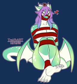 4_toes anthro arms_tied bdsm blush bondage bound claws feet female gag gagged green_body green_scales hair happy heart_symbol holidays holly_(plant) horn legs_tied mistletoe muzzle_(object) muzzle_gag muzzled one_eye_closed plant purple_eyes purple_hair ribbon_bondage ribbon_gag ribbons scales simple_background tail tape toe_claws toes transparent_background wings wink trevhart christmas mythology emanuela_(dragonmaster2653) dragon mythological_creature mythological_scalie scalie 2022 alpha_channel hi_res