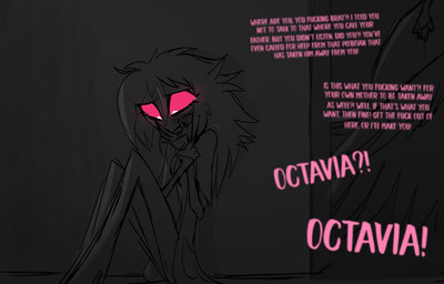 abuse angry anthro bodily_fluids child_abuse crying duo female fist hair long_hair markings pink_eyes pink_text profanity sad scratches simple_background sitting standing tears text yelling teathekook hellaverse helluva_boss octavia_(helluva_boss) stella_(helluva_boss) avian bird owl owl_demon english_text hi_res