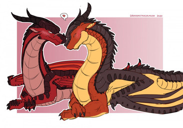 blush brown_body brown_scales claws duo eyes_closed facial_scar feral finger_claws frown grey_body grey_scales heart_symbol horn long_neck lying male male/male membrane_(anatomy) membranous_wings nose_spike on_front pink_background red_body red_scales scales scar simple_background smile snout speech_bubble wing_claws wings yellow_eyes darkenstardragon european_mythology mythology wings_of_fire flame_(wof) umber_(wof) dragon mudwing_(wof) mythological_creature mythological_scalie scalie skywing_(wof) western_dragon watermark male_(lore)