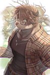 anthro brown_body brown_fur brown_hair clothing eyewear fur glasses green_eyes hair horn jewelry looking_at_viewer male muscular muscular_anthro muscular_male necklace pattern_clothing pecs plaid plaid_clothing shirt solo t-shirt topwear biri lifewonders tokyo_afterschool_summoners catoblepas_(tas) monster 2:3 hi_res