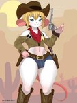 anthro blonde_hair blush boots bottomwear brown_boots brown_clothing brown_footwear brown_hat brown_headwear brown_topwear bulge clothing cowboy cowboy_hat denim denim_bottomwear denim_clothing denim_shorts detailed_background femboy footwear front_view fur gun hair half-closed_eyes hand_on_hip handgun hat headgear headwear holding_gun holding_object holding_ranged_weapon holding_weapon holster kerchief looking_at_viewer male midriff narrowed_eyes pink_body pink_fur pink_inner_ear pose ranged_weapon red_kerchief revolver shoes shorts solo topwear weapon white_body white_fur wide_hips mr-shin marvin_(mr-shin) mammal mouse murid murine rodent 2023 3:4 hi_res