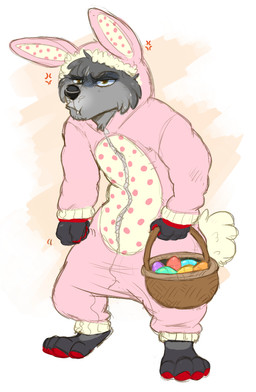 anthro black_nose bunny_costume clothed clothing costume egg fur grey_body grey_fur grumpy holidays male simple_background solo jayboppity easter jazzotter mammal mustelid otter 2016 digital_drawing_(artwork) digital_media_(artwork) hi_res