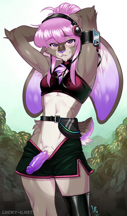 anthro athletic_wear bottomwear bottomwear_down breasts clothed clothing electronics exercise fur genitals grey_body grey_fur gynomorph hair headphones intersex legwear midriff navel outside pants pants_down partially_clothed penis portable_music_player purple_hair purple_nose purple_penis shorts solo thigh_highs workout luckypan lagomorph leporid mammal rabbit digital_media_(artwork) hi_res shaded