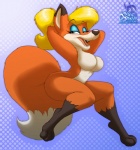 abstract_background anthro blonde_hair blue_eyes breasts butt female hair looking_at_viewer open_mouth simple_background solo tail seththedragon canid canine fox mammal trixie_(disambiguation) 2011