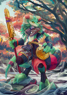 ambiguous_gender anthro armor bottomwear clothing fingerless_gloves forest gloves handwear horn looking_aside melee_weapon outside plant shield skirt solo sword tree warrior weapon wind plive keranas hybrid reptile scalie absurd_res hi_res