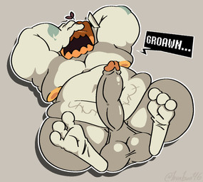 3_toes anthro balls belly darkened_genitalia erection feet genitals male overweight penis simple_background solo toes wsg_clover deltarune undertale_(series) jackenstein monster