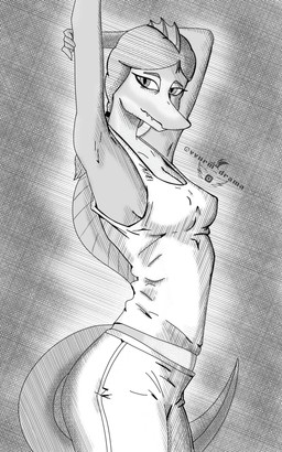 anthro biped breasts clothing dorsal_frill eyelashes female female_anthro frill_(anatomy) head_crest head_frill long_tail looking_at_viewer mature_anthro mature_female nipple_outline sharp_teeth shirt smile snaggle_teeth snout solo standing stretching stretching_arms tail tank_top teeth text topwear vvurm_drama cavemanon_studios i_wani_hug_that_gator sophia_payne dinosaur prehistoric_species reptile saurischian scalie spinosaurid spinosaurus theropod 2025 absurd_res artist_name black_and_white hi_res monochrome watermark